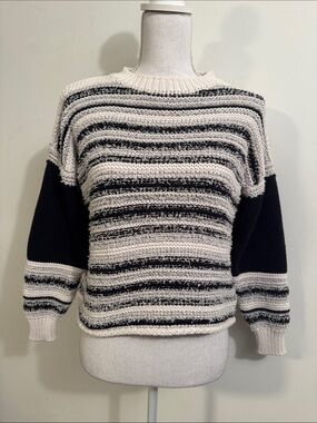 Elan Black and White Striped Cotton Crewneck Sweater